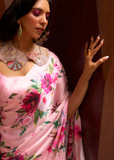 Women's Latest Bollywood Floral Printed Satin Saree With Unstiched Blouse-AVN-8090-PINK